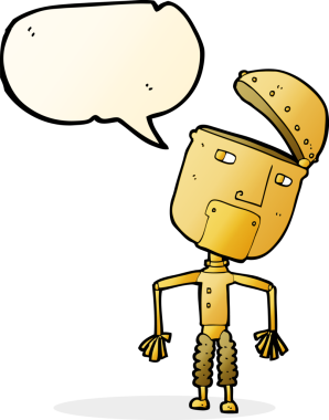 Bir insan tarafından çizilmiş konuşma balonlu komik robot.