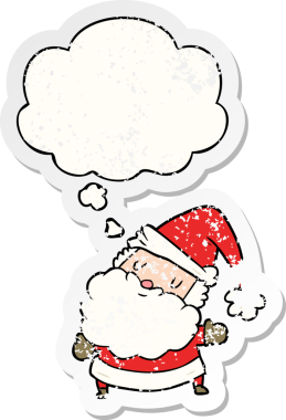 Düşünce baloncuğu olan çizgi film Noel Baba 'sı bir insan tarafından çizilmiş yıpranmış bir çıkartma.