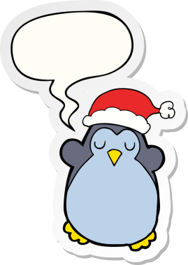 Bir insan tarafından çizilmiş konuşma balonu çıkartmalı şirin bir Noel pengueni.