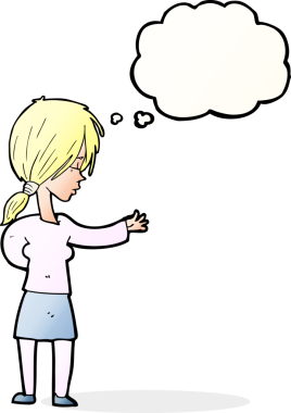 Bir insan tarafından çizilmiş düşünce balonuyla hareket eden karikatür kadın.