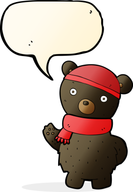 Bir insan tarafından çizilmiş konuşma baloncuğu eşarbı ve şapkalı siyah ayı çizgi filmi.