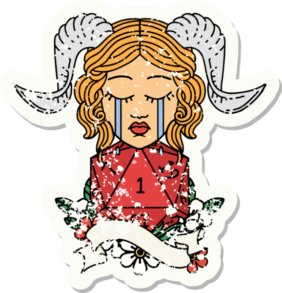 Bir insan tarafından çizilmiş doğal bir D20 rulo ile bağlanmış ağlama etiketi.