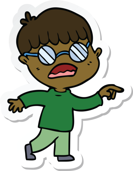 Bir insan tarafından çizilmiş gözlüklü bir çizgi film çocuğunun çıkartması.