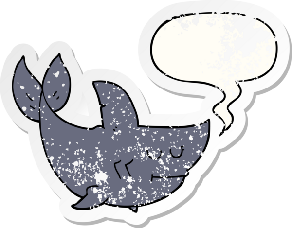 Konuşma baloncuğu olan çizgi film köpekbalığı bir insan tarafından çizilmiş sıkıntılı eski bir çıkartma