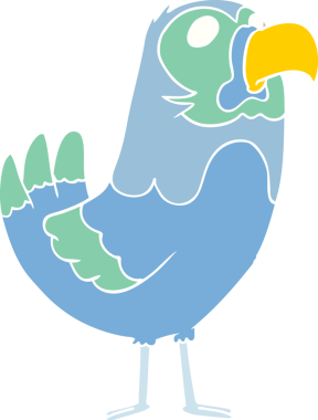 Bir insan tarafından çizilmiş düz renkli çizgi film papağanı.