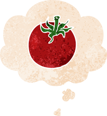 Düşünce baloncuklu çizgi film domatesi grunge sıkıntılı retro dokuma tarzı bir insan tarafından çizilmiş.