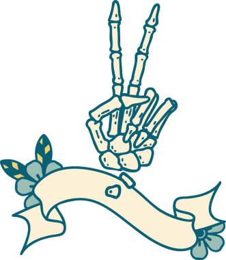 İskelet dövmeli geleneksel dövme. Bir insan tarafından çizilmiş barış işareti.