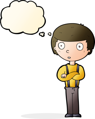 Bir insan tarafından çizilmiş düşünce balonuyla kollarını kavuşturmuş çizgi film izleyen çocuk.