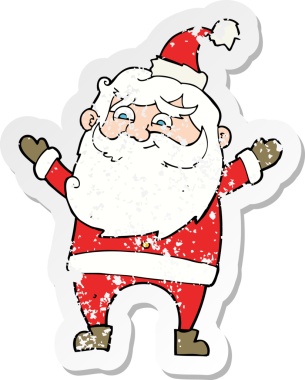 Bir insan tarafından çizilmiş mutlu Noel Baba çizgi filminin gerilimli retro yapıştırması.