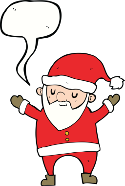 Bir insan tarafından çizilmiş konuşma balonuyla dans eden Noel Baba çizgi filmi.