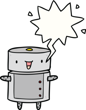 Bir insan tarafından çizilmiş konuşma balonu olan sevimli çizgi film robotu.