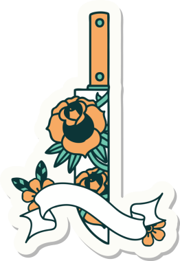 Bir hançer sancağıyla dövme stili çıkartması ve bir insan tarafından çizilmiş çiçekler