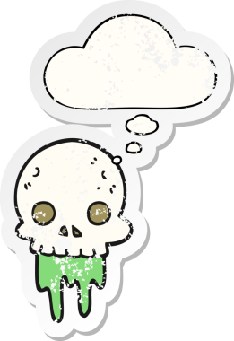 İnsan tarafından çizilmiş yıpranmış bir çıkartma gibi düşünce baloncuğu olan ürkütücü cadılar bayramı kafatası çizgi filmi.