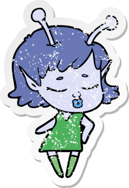 Bir insan tarafından çizilmiş sevimli bir uzaylı kız çizgi filminin sıkıntılı çıkartması.