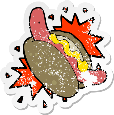 Bir insan tarafından çizilmiş sosisli bir çizgi filmin gerilimli çıkartması.