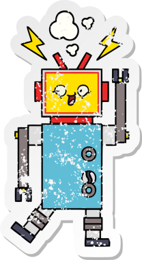 Bir insan tarafından çizilmiş sevimli bir robot çizgi film çıkartması.
