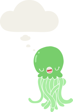 Düşünce baloncuğu olan denizanası çizgi filmi bir insan tarafından çizilmiş.