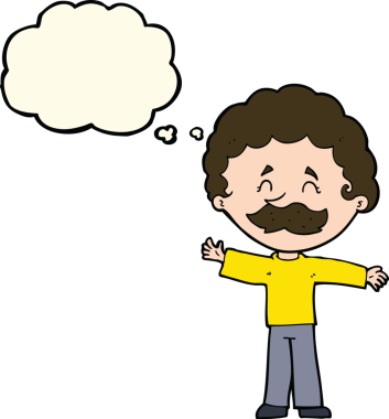 Bir insan tarafından çizilmiş düşünce balonlu bıyıklı çizgi film çocuğu.