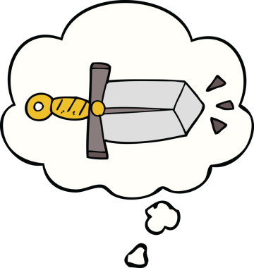 Bir insan tarafından çizilmiş düşünce baloncuklu çizgi film kılıcı.