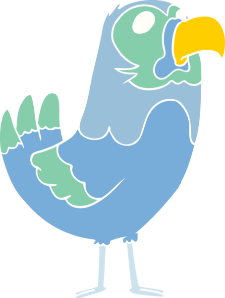 Bir insan tarafından çizilmiş düz renkli çizgi film papağanı.