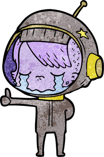 Çizgi film ağlayan astronot kız bir insan tarafından çizilmiş baş parmak işareti yapıyor.