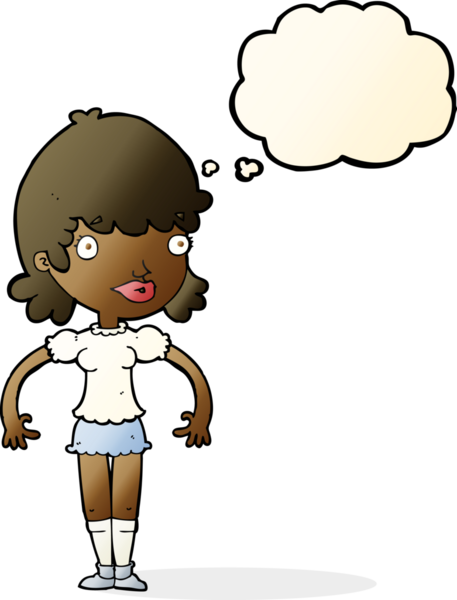 Bir insan tarafından çizilmiş düşünce balonlu mutlu kadın çizgi filmi.