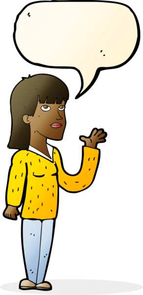 Bir insan tarafından çizilen konuşma baloncuğuyla açıklayan çizgi film kadını.