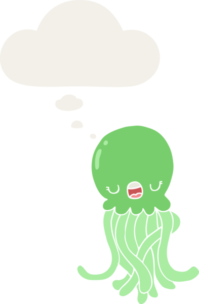 Düşünce baloncuğu olan denizanası çizgi filmi bir insan tarafından çizilmiş.