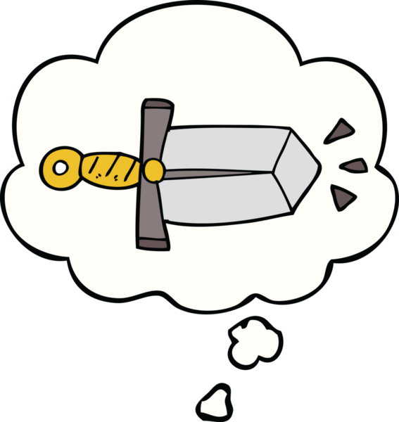 Bir insan tarafından çizilmiş düşünce baloncuklu çizgi film kılıcı.