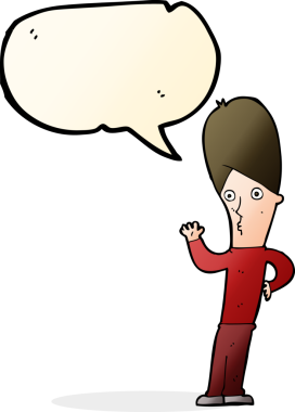 Bir insan tarafından çizilmiş konuşma baloncuğuyla el sallayan çizgi film adamı.