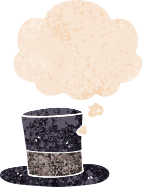 Düşünce baloncuklu çizgi film silindir şapkası bir insan tarafından çizilmiş grunge sıkıntılı retro desen tarzı