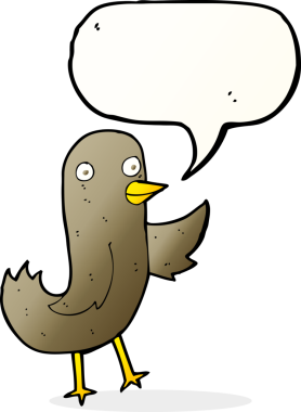 Bir insan tarafından çizilmiş konuşma baloncuklu komik çizgi film kuşu.