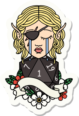 Ağlayan bir elf karakterinin çıkartması. İnsan tarafından çizilmiş doğal bir D20 yuvarlak yüzlü.