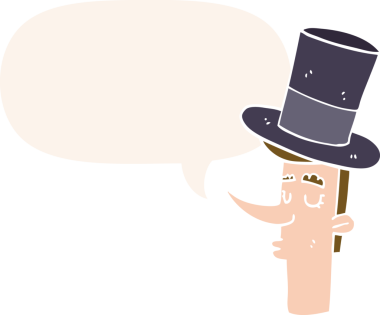 Bir insan tarafından çizilmiş, üzerinde konuşma balonu olan silindir şapkalı çizgi film adamı.