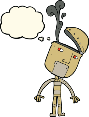 Bir insan tarafından çizilmiş düşünce baloncuklu açık kafalı çizgi film robotu.