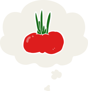 Düşünce baloncuğu olan sebze çizgi filmi bir insan tarafından çizilmiş.