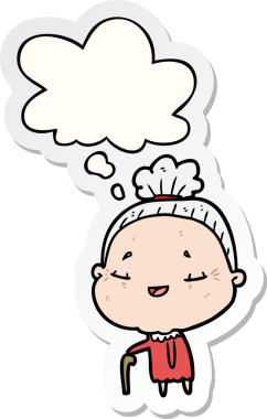 Düşünce baloncuğu insan tarafından çizilmiş bir çıkartma olan yaşlı kadın.