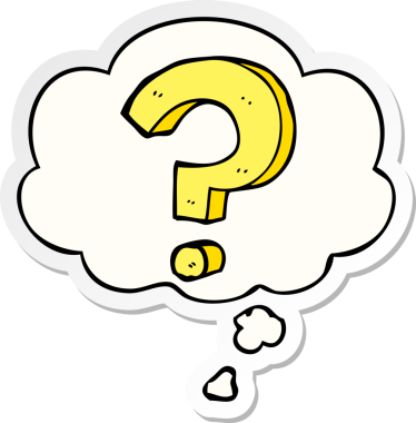 insan tarafından çizilmiş bir çıkartma olarak düşünce baloncuğu ile çizgi film soru işareti