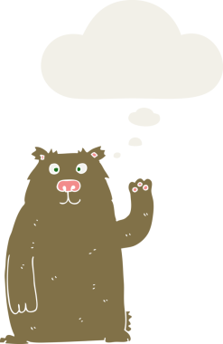 Düşünce baloncuğu olan çizgi film ayısı insan tarafından çizilmiş.