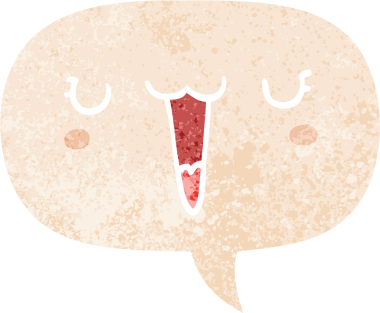 Bir insan tarafından çizilmiş grunge sıkıntılı retro tarzı ile konuşma baloncuğu ile sevimli mutlu çizgi film yüzü