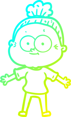 Bir insan tarafından çizilmiş, mutlu, yaşlı bir kadının çizimi.