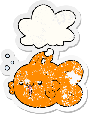 Düşünce baloncuklu karikatür balığı insan tarafından çizilmiş yıpranmış bir çıkartma gibi.