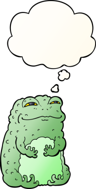 Bir insan tarafından çizilmiş yumuşak eğimli düşünce baloncuklu karikatür kendini beğenmiş kurbağa.