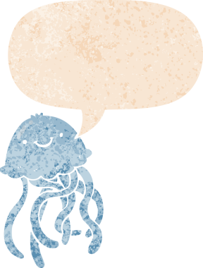 çizgi film mutlu denizanası konuşma baloncuğu ile grunge sıkıntılı retro dokuma bir insan tarafından çizilmiş