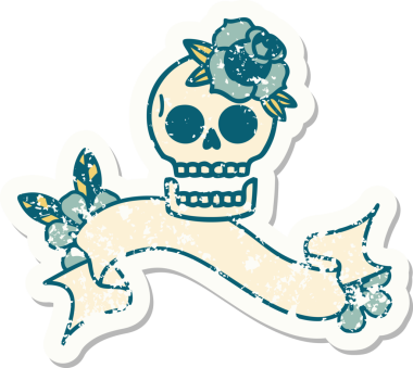 Bir insan tarafından çizilmiş kafatası ve gülü olan eski bir etiket.