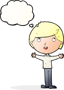 Bir insan tarafından çizilmiş düşünce balonu olan mutlu çocuk çizgi filmi.