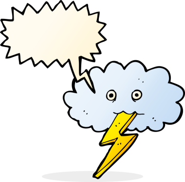 Bir insan tarafından çizilmiş karikatür, şimşek ve bulutlar.