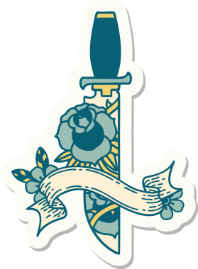 Bir hançer sancağıyla dövme stili çıkartması ve bir insan tarafından çizilmiş çiçekler