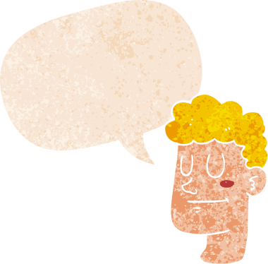 bir insan tarafından çizilmiş, grunge dertli retro tarzı konuşma baloncuğu ile çizgi film erkek yüzü