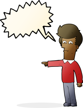 Bir insan tarafından çizilmiş bir konuşma balonuyla işaret eden çizgi film adamı.